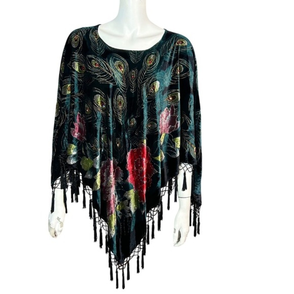 Velvet Poncho Wrap‎ Shawl Peacock Floral Beaded Tassel Coldwater Creek O/S NWT